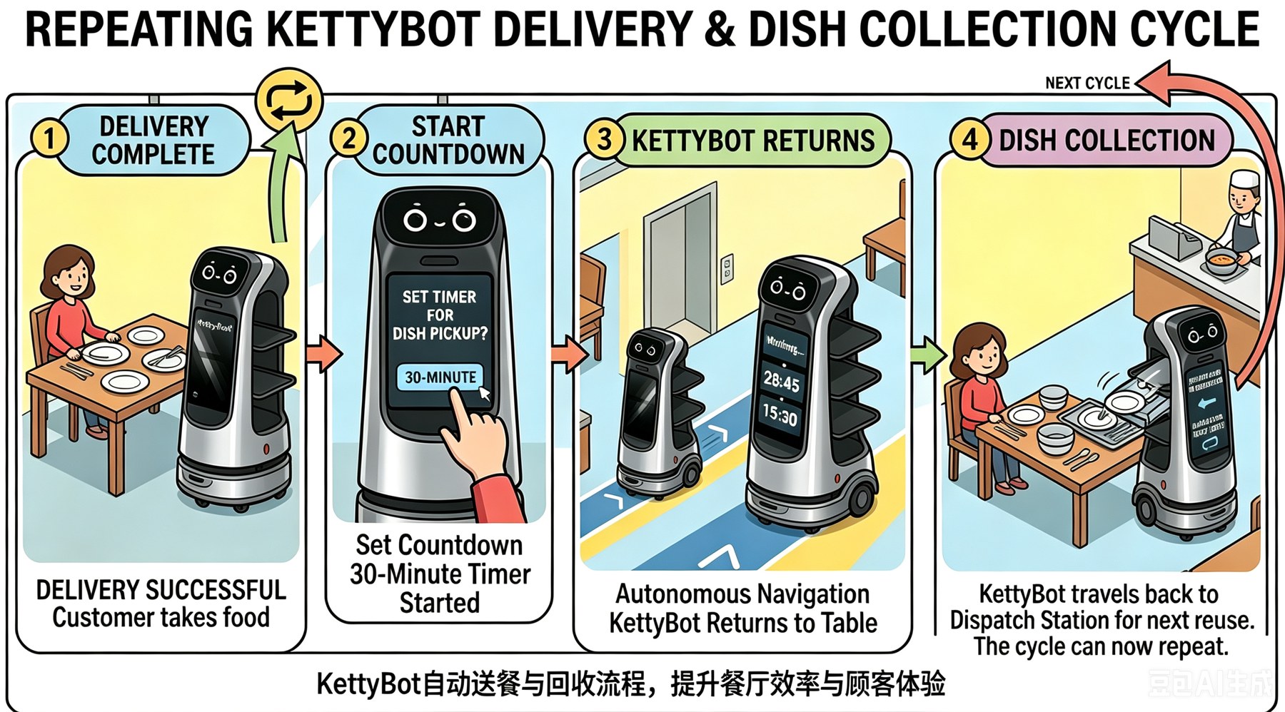 Chu trình KettyBot giao món, hẹn giờ và tự động quay lại thu gom bát đĩa